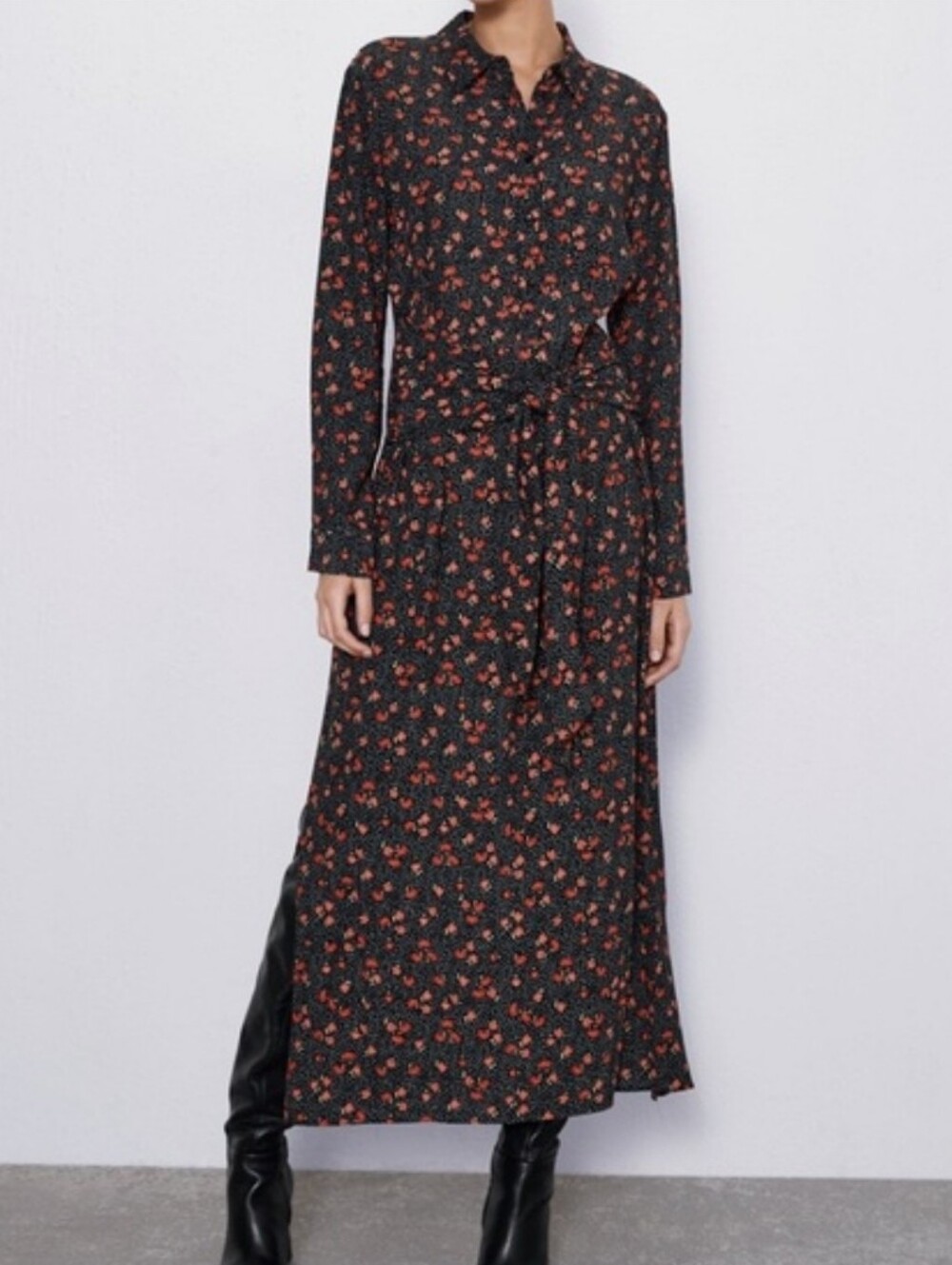 Zara Floral Maxi Shirtdress Large Black Red Roses Belted Long Sleeve Cottagecore